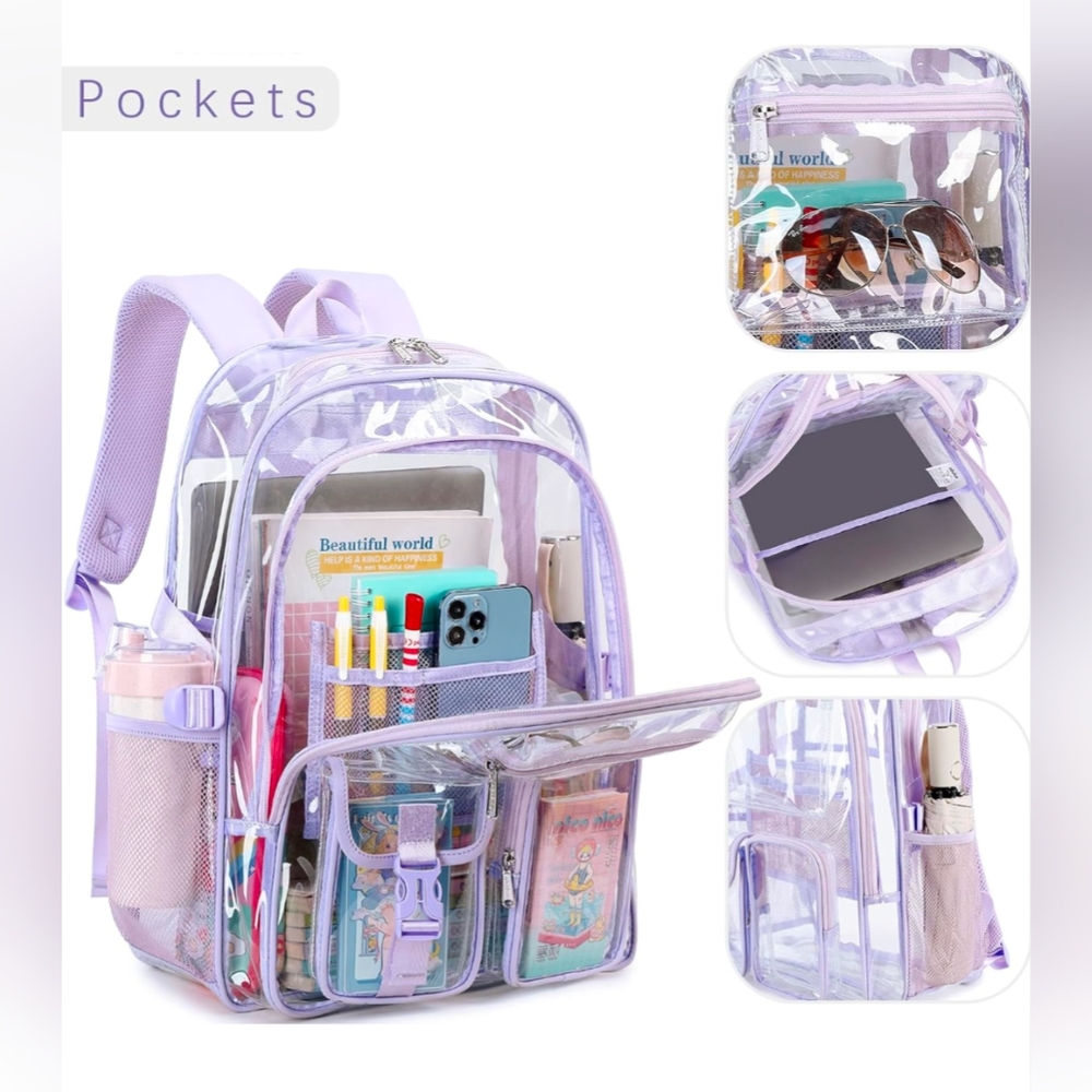 Clear Purple Backpack with Multiple Pockets